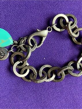 Silver-Tone Linked Charm Bracelet with Turquoise Accent